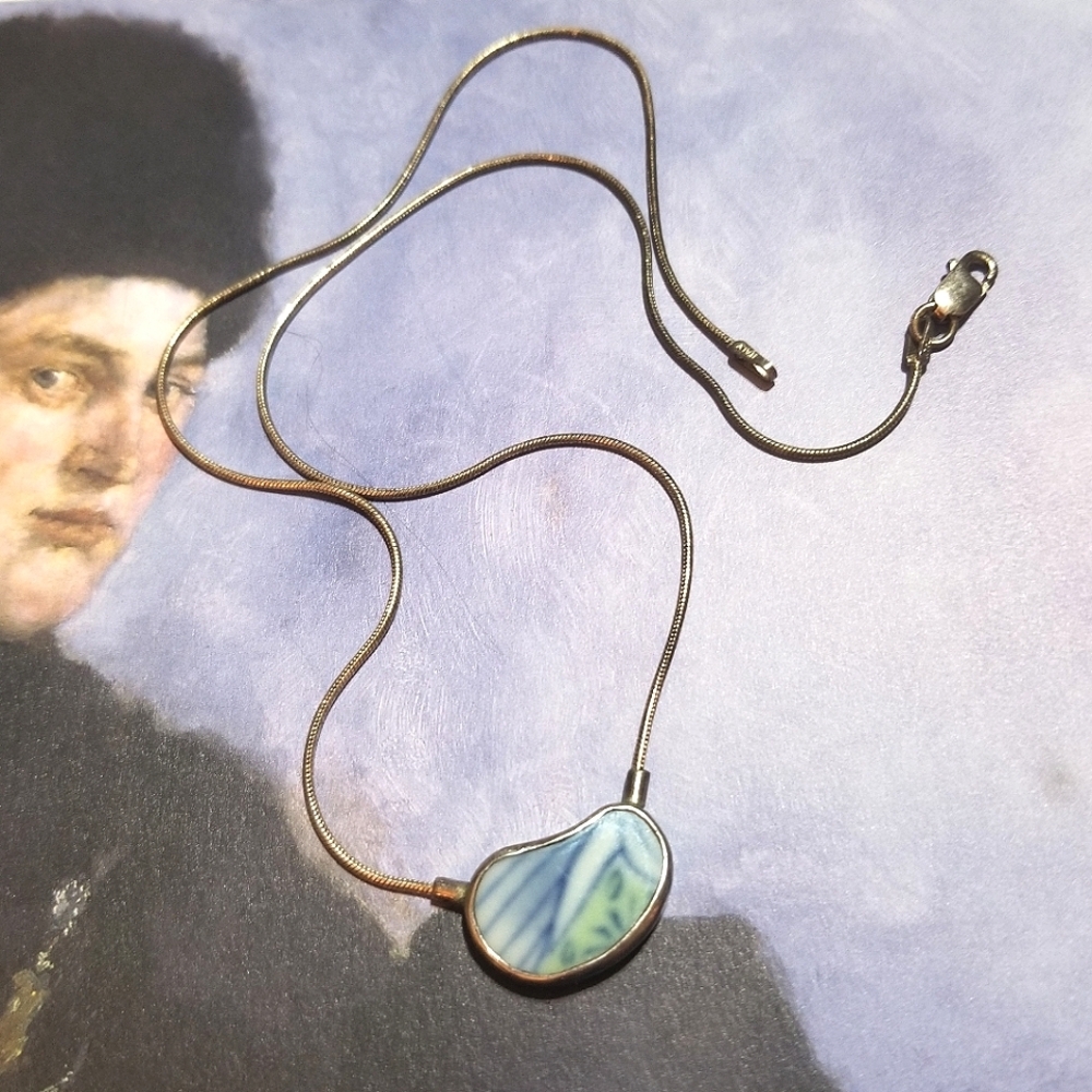 Signed 80s Leon Tantau-Smith Artisan Porcelain Sterling Silver Necklace - Picture 3 of 5